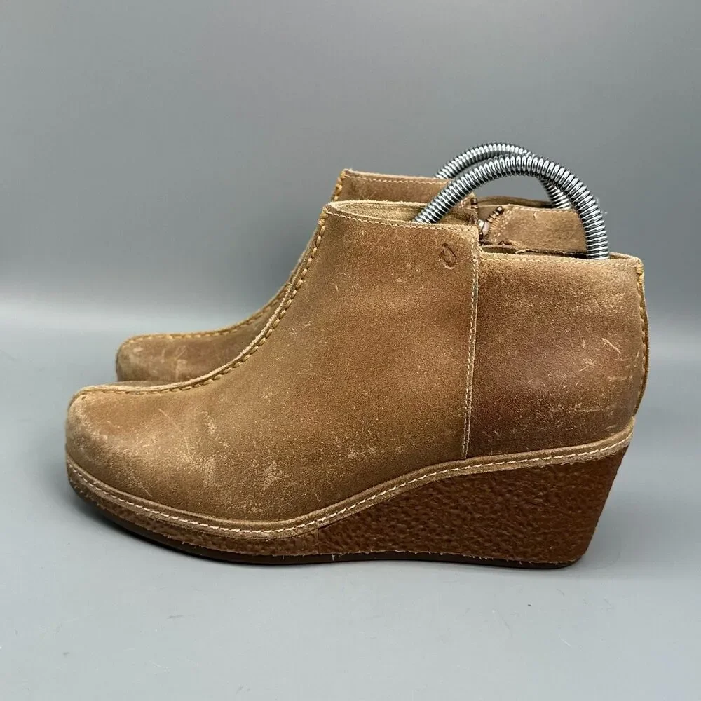 Olukai Humu Women's 9.5 Brown Suede Leather Wedge Heel Side Zip Ankle Boots Shoe